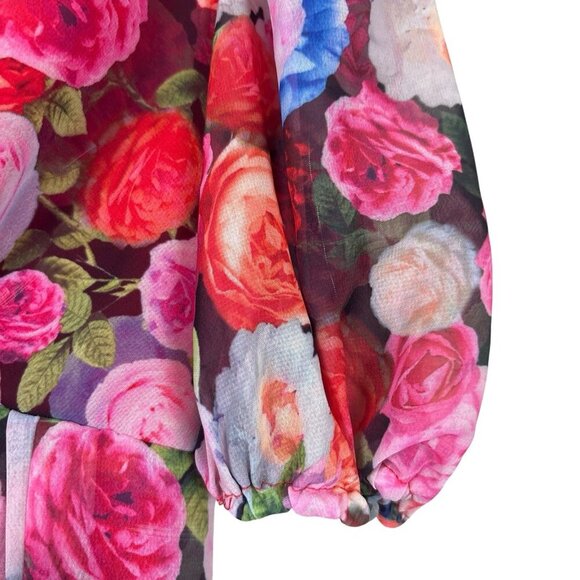 Ieena Mac Duggal Floral Puff Sleeve Tie Slit Romantic Midi Dress Pink Red Size 0 - Picture 7 of 15